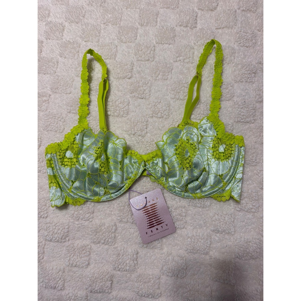 Savage X Fenty Floral Lace Unlined Underwire Bra Womens 36C Lime Green Blue NWT